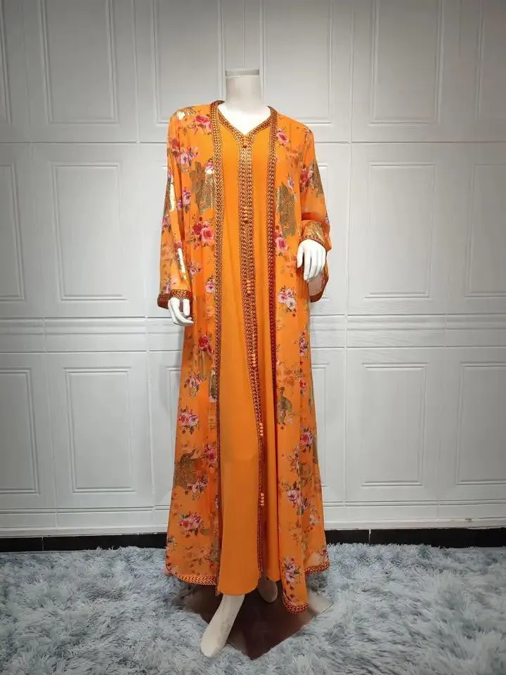 Two Piece Muslim Dress Chiffon Print Belted Kaftan Ramadan Gown Abayas Islamic Cloth Turkish Women Clothes 2XL S4690329