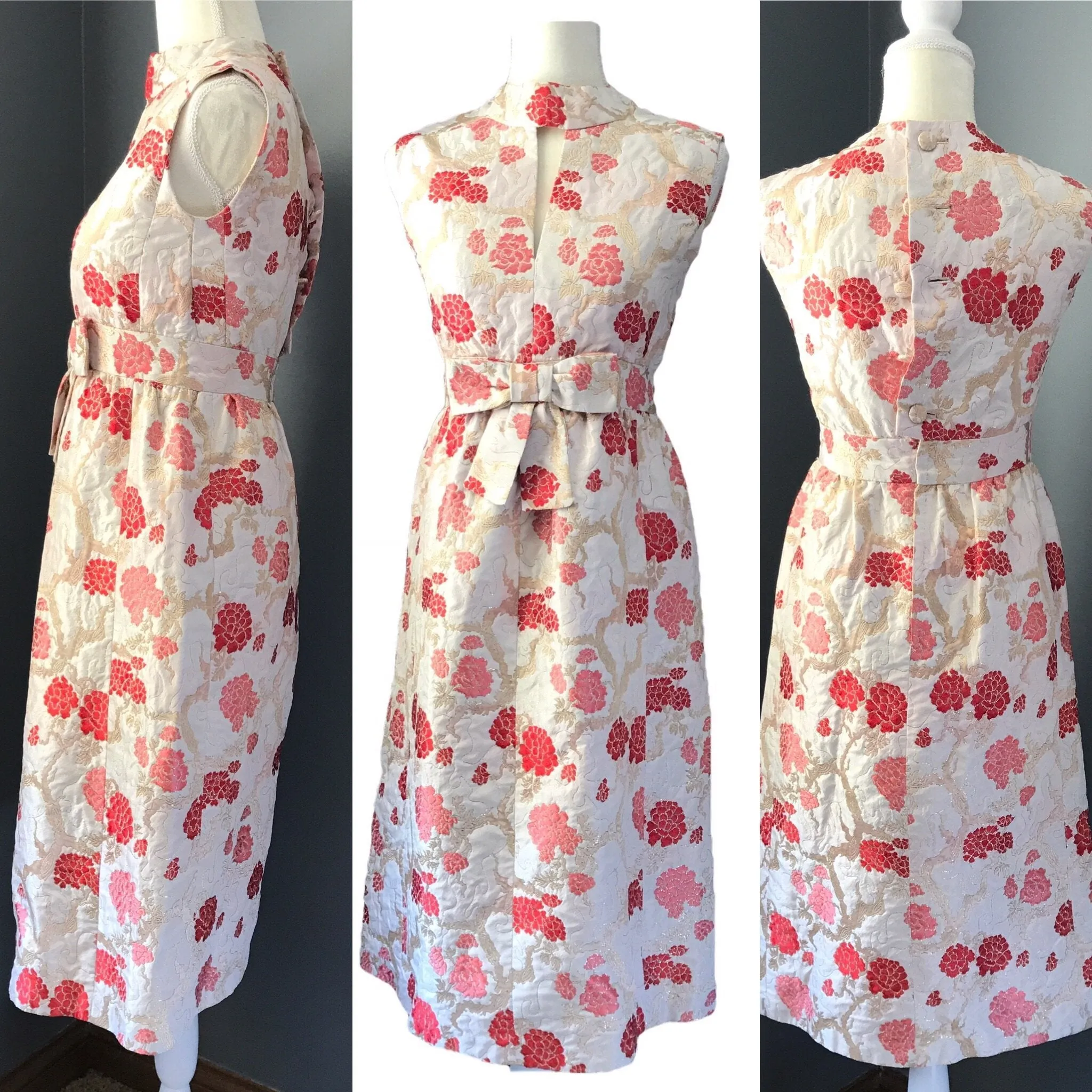 Vintage 1950 Brocade Wiggle Dress by Saks Fifth Avenue. Red and Pink Kimono Floral Design.