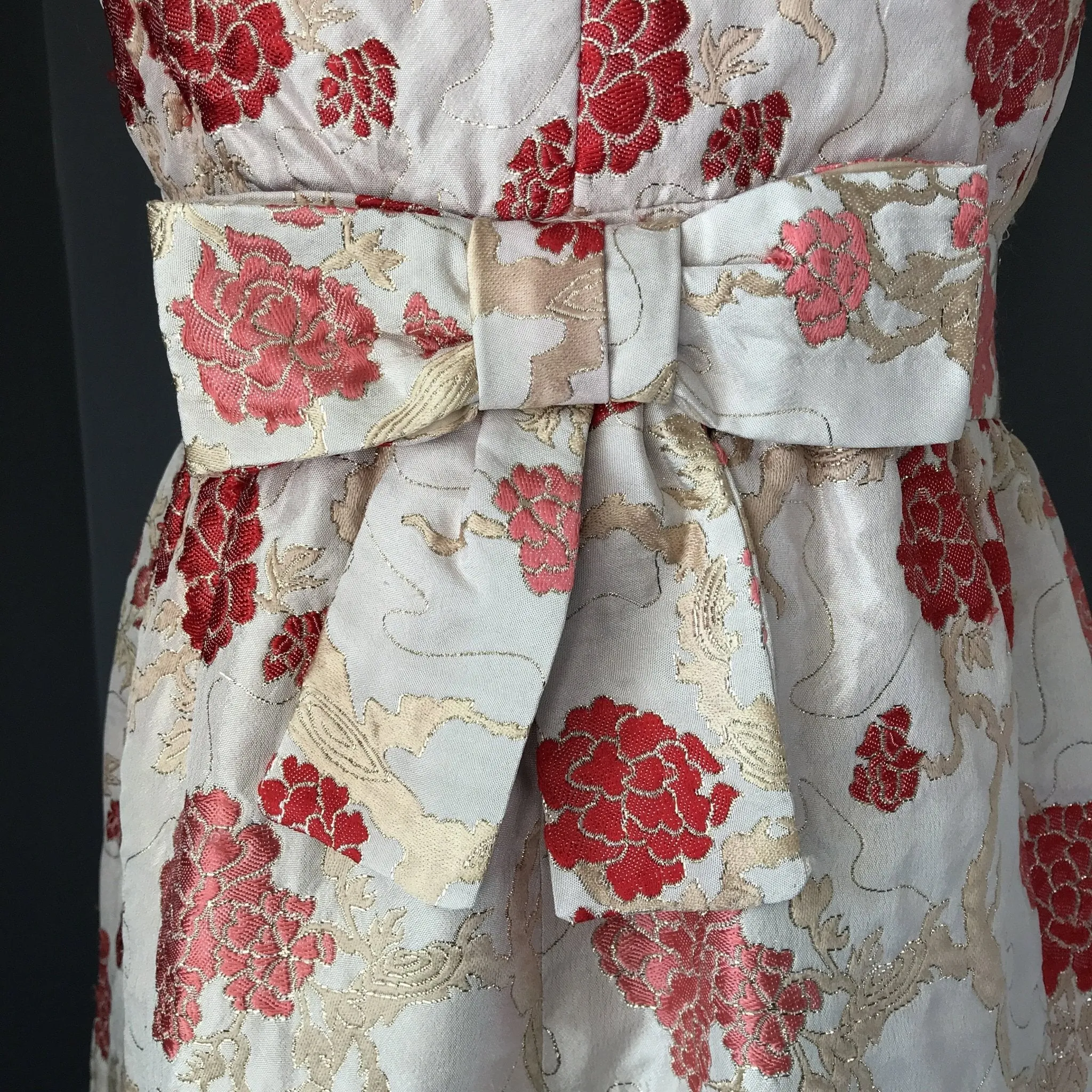 Vintage 1950 Brocade Wiggle Dress by Saks Fifth Avenue. Red and Pink Kimono Floral Design.