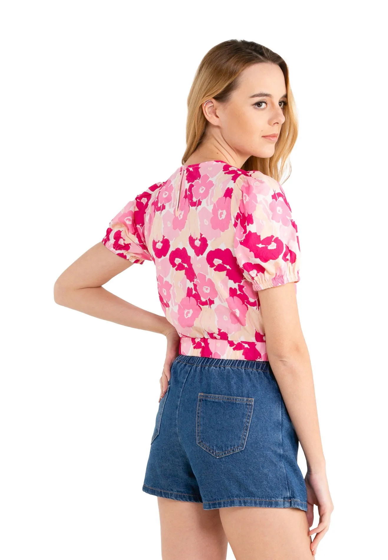 VOIR JEANS Floral Puff Sleeves Crop Top