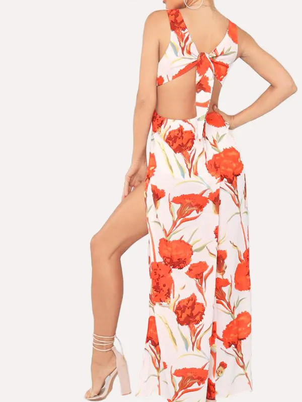 Women Floral Sleeveless Backless Side Split Maxi Dress