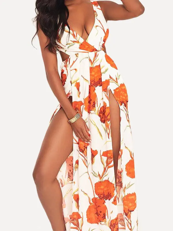 Women Floral Sleeveless Backless Side Split Maxi Dress