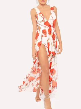 Women Floral Sleeveless Backless Side Split Maxi Dress