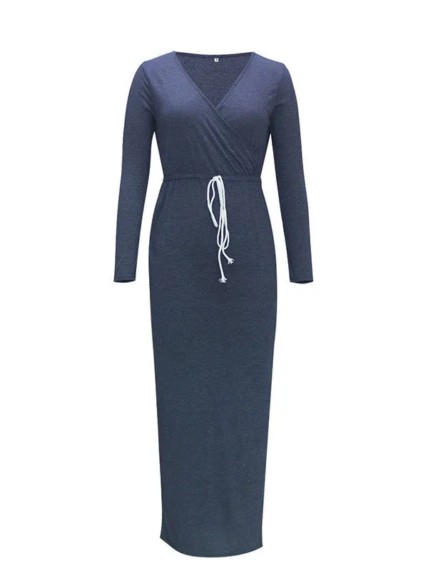 Women Long Sleeve Side Split Maxi Dress