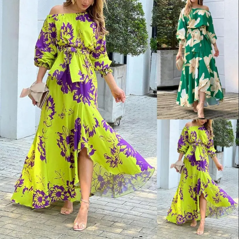 Women Off Shoulder Floral Print Ankle Length Slash Neck Maxi Dress B-58760