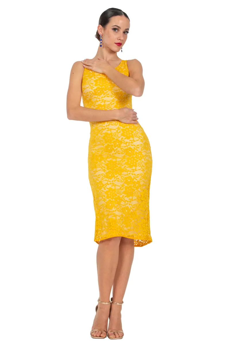 Yellow Lace Keyhole Back Fishtail Dress